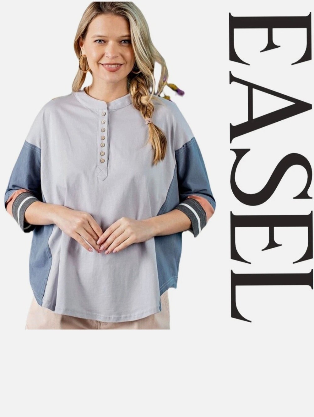 Easel Dusty Blue Color Blocked Henley Top a bohemian-inspired lightweight Shirt